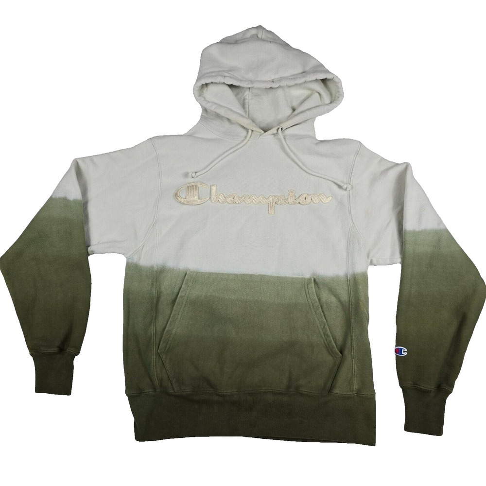 Champion Reverse Weave Hoodie Small Mens Cream Olive Green Ombre Script Logo